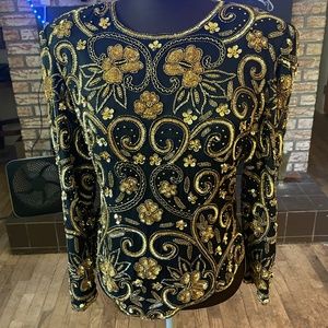 Laurence Kazar New York Gold and Black beaded blouse.  Size Large.